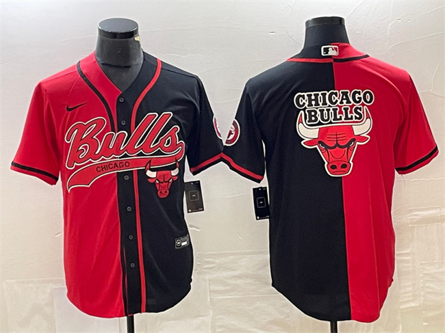 Men's Chicago Bulls Red/Black Split Team Big Logo Cool Base Stitched Baseball Jersey Men's Chicago Bulls Red/Black Split Team Big Logo Cool Base Stitched Baseball Jersey